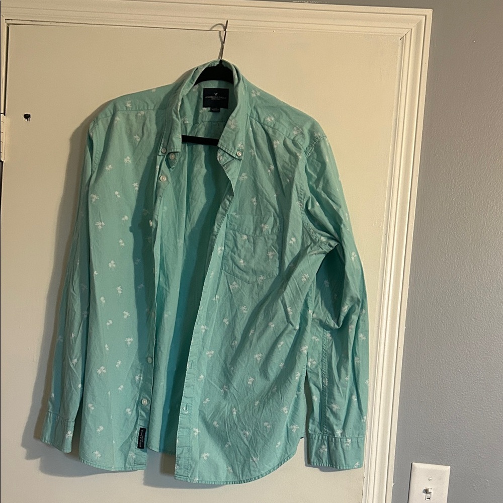 Men's Light Teal Button-Up Shirt long sleeve with Palm Print